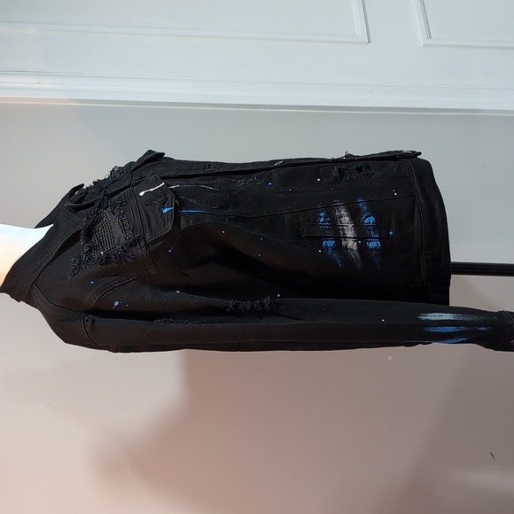 DNA, Hand-painted Black Distressed Women's Denim Jacket with Blue Accents,Size S - Picture 6 of 15